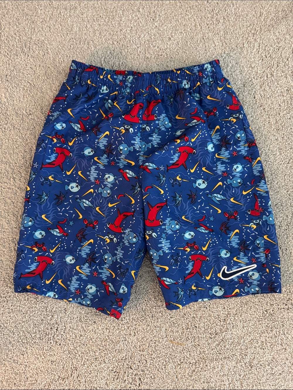 NWOT Nike Blue Swim Shorts with Red Shark and Yellow Accents Boys Size L